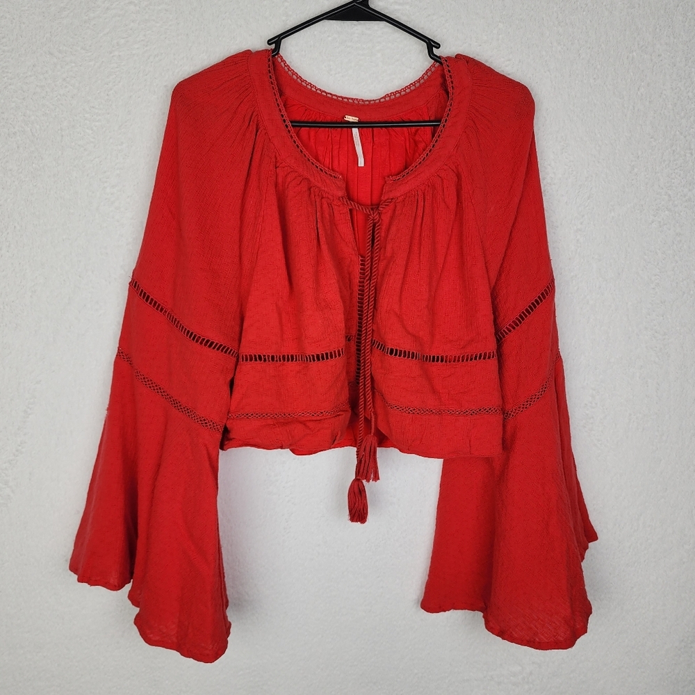 FREE PEOPLE Mi Corazon Bell Sleeve Cropped Cotton Blouse L